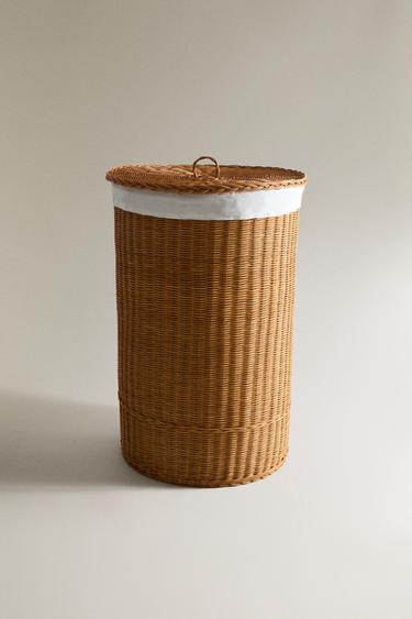 RATTAN AND COTTON LAUNDRY BASKET - Brown by Zara