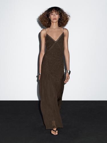 Zara Long slip dress with gathered detail - Chocolate - Image 0