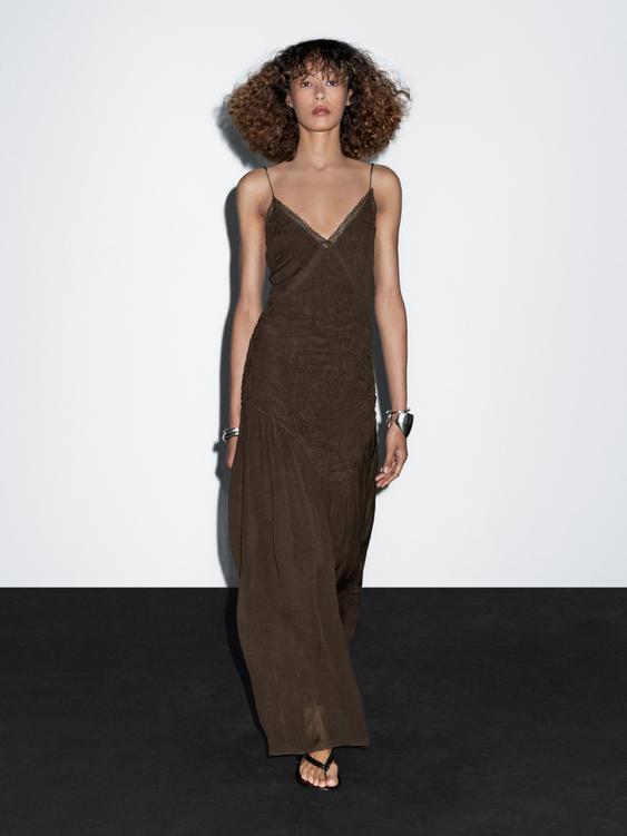 Long slip dress with gathered detail