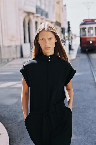 Zara BELTED LONG JUMPSUIT - Black
