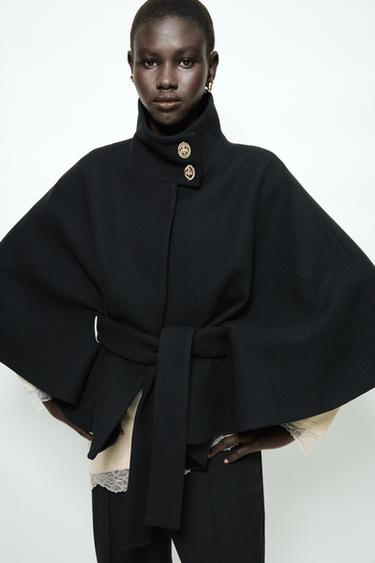 CROPPED WOOL BLEND CAPE COAT WITH BELT - Black by Zara