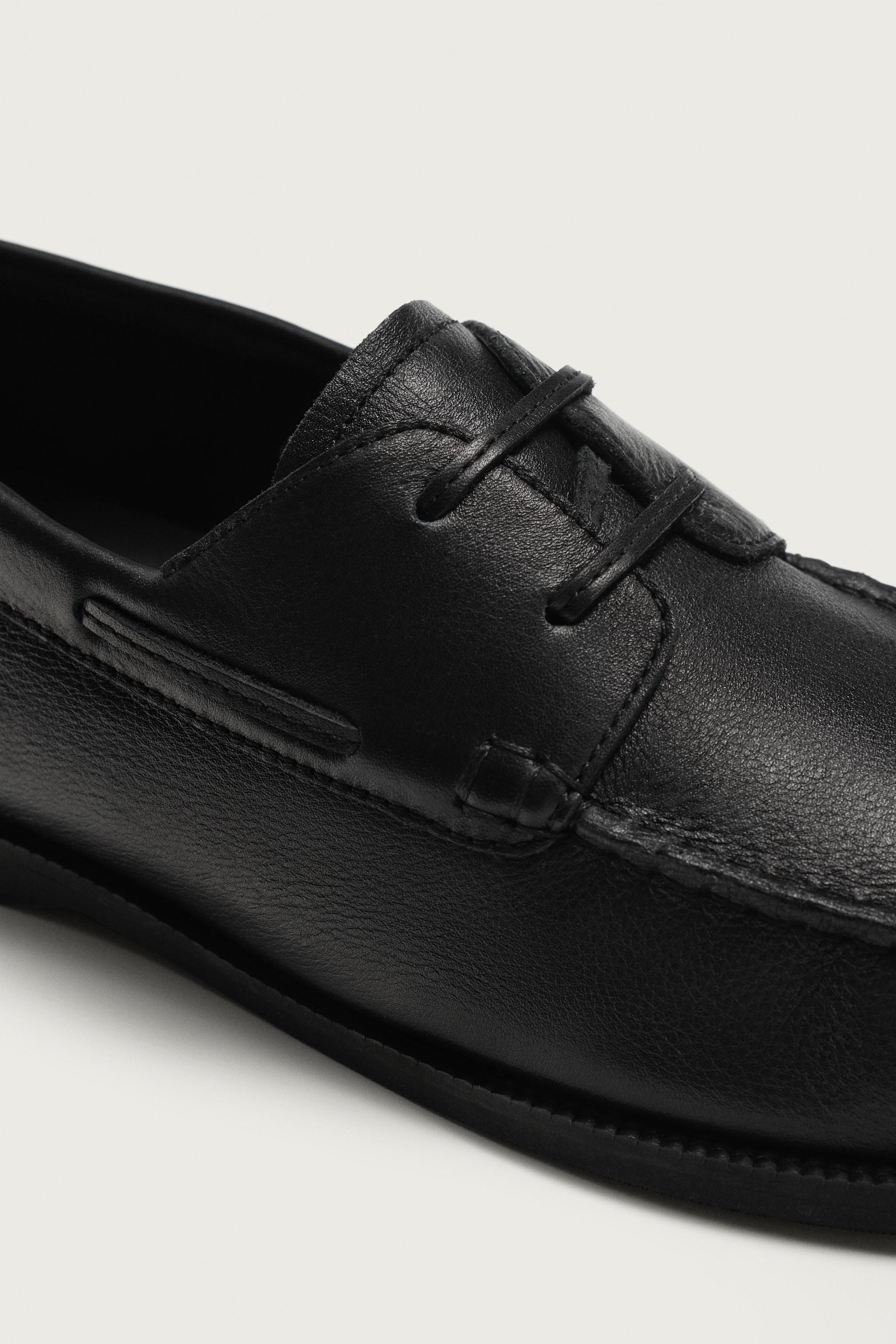 値下げ　2024aw zara レザー　デッキシューズ黒 39サイズ レザーデッキシューズ - ブラック | ZARA Japan / 日本