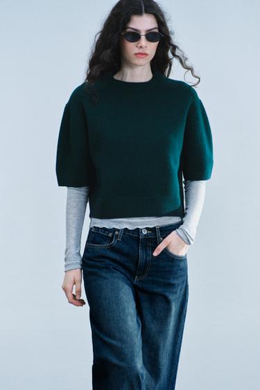 100% WOOL SHORT SLEEVE SWEATER — Dark bottle green 1