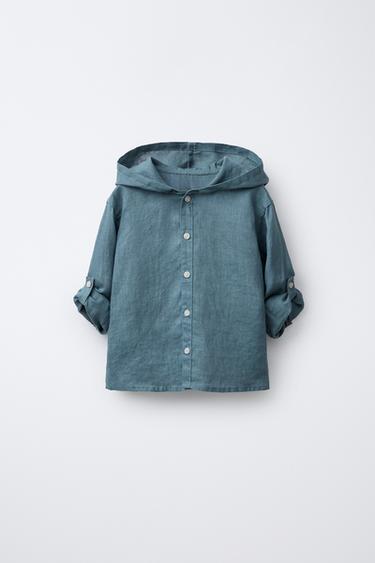 قميص بغطاء رأس 100% كتان - بترولي الخاص بـ Zara