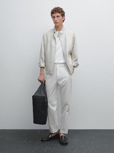 Pantalon tappered fit en coton et lin - Blanc cassé de Zara