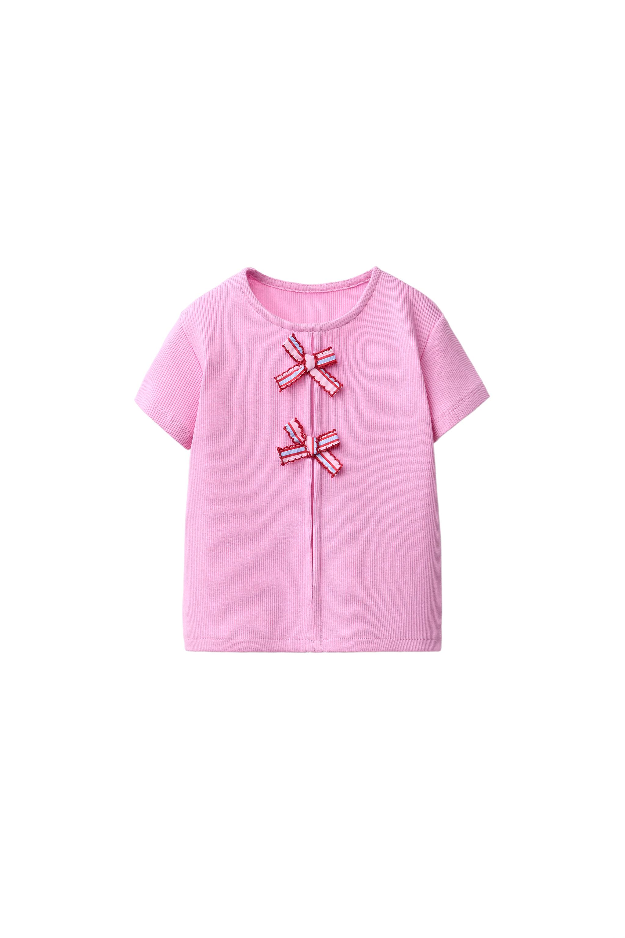 RIBBED T-SHIRT WITH BOWS — Mid-pink