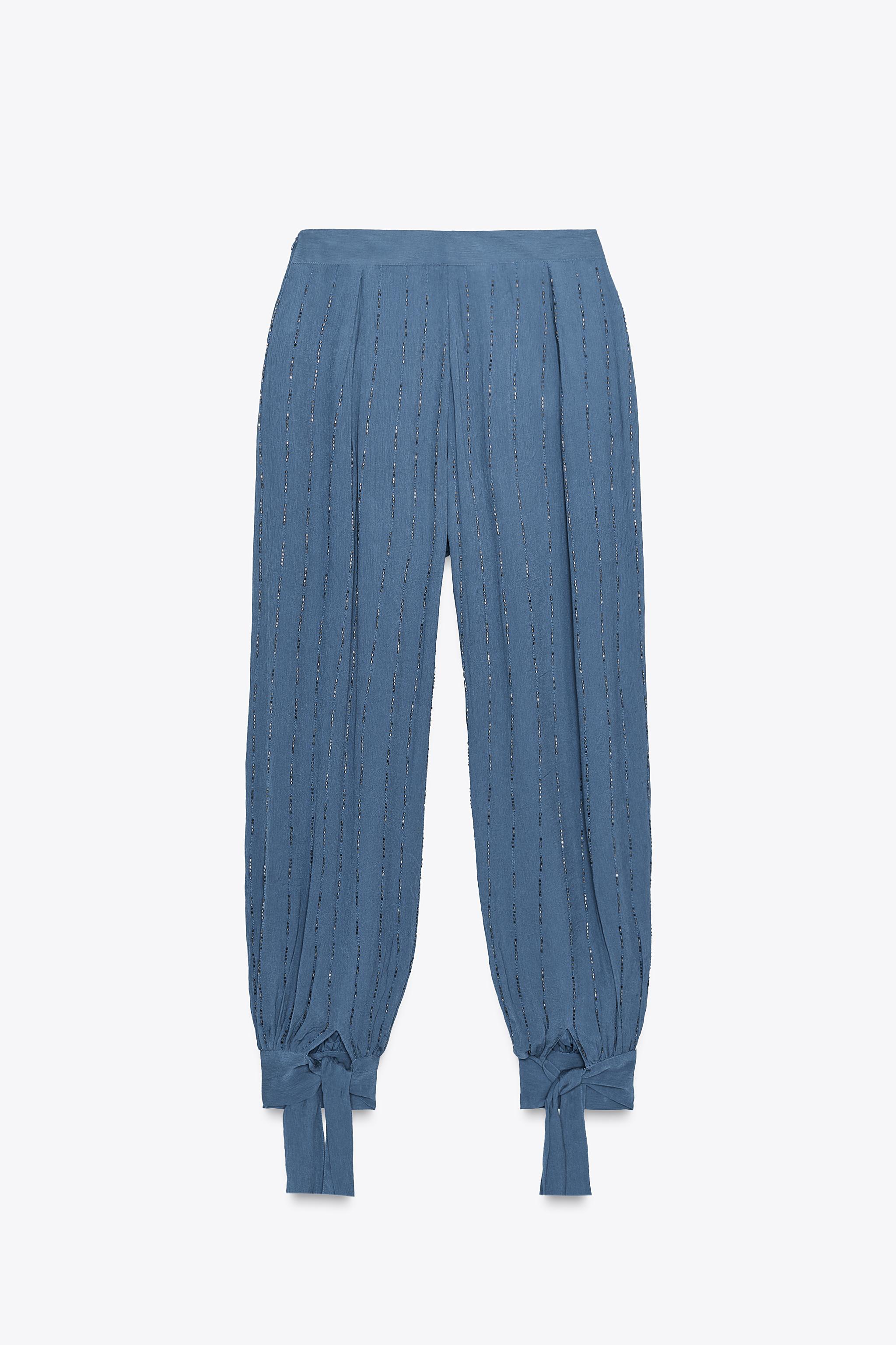 ZARA【NEW】BEADED TROUSERS WITH TIE HEMS BEADED PANTS WITH TIED HEMS - Petrol blue | ZARA United States