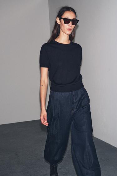 100% WOOL SHORT SLEEVE TOP - Navy blue by Zara - Image 1