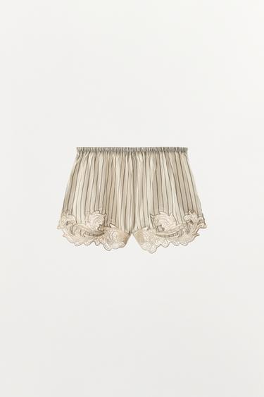 EMBROIDERED LACE STRIPED SHORTS - Ecru / Black by Zara - Image 2