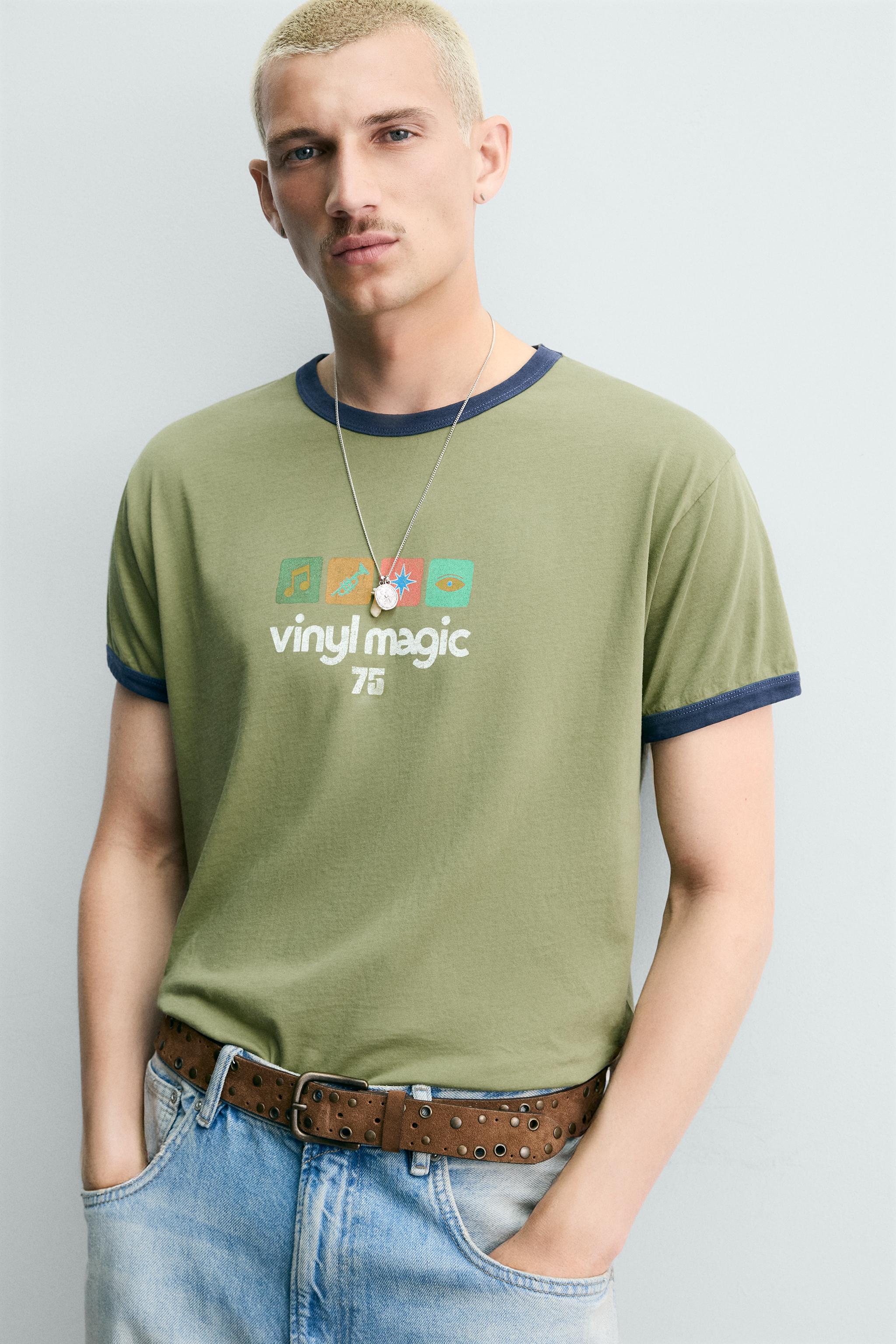 WASHED PRINT CONTRAST RIB T-SHIRT