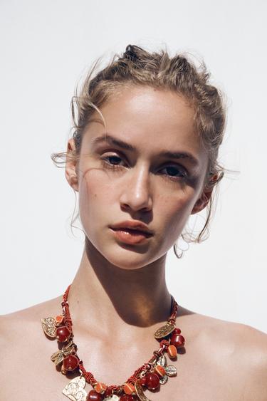 Zara TRIPLE CORD CHARM NECKLACE - Red