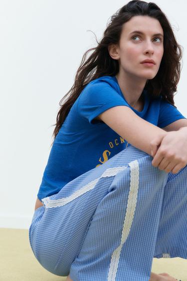 LACE CHECK PYJAMA TROUSERS - Blue/White by Zara - Image 2