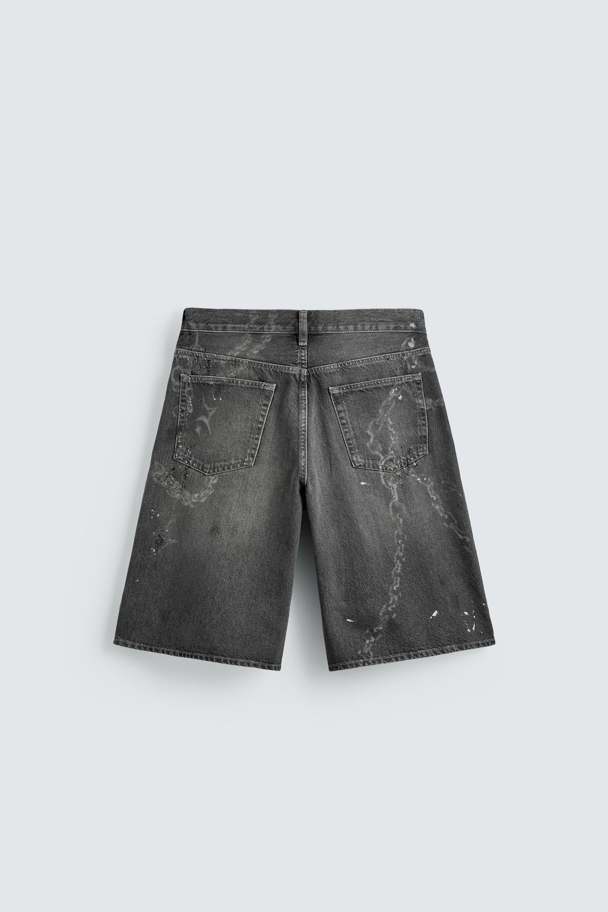 CHAIN EFFECT WASHED DENIM SHORTS