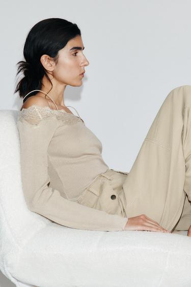 Zara 露肩拼接上衣 - 淺米色