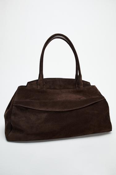 Zara SPLIT LEATHER SHOULDER BAG - Chocolate