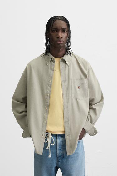 Zara EMBROIDERED DENIM SHIRT - Beige