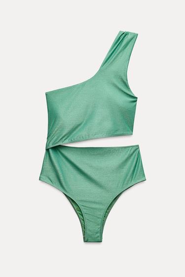 ASYMMETRIC CUT-OUT SWIMSUIT WITH METALLIC THREAD - Light green by Zara