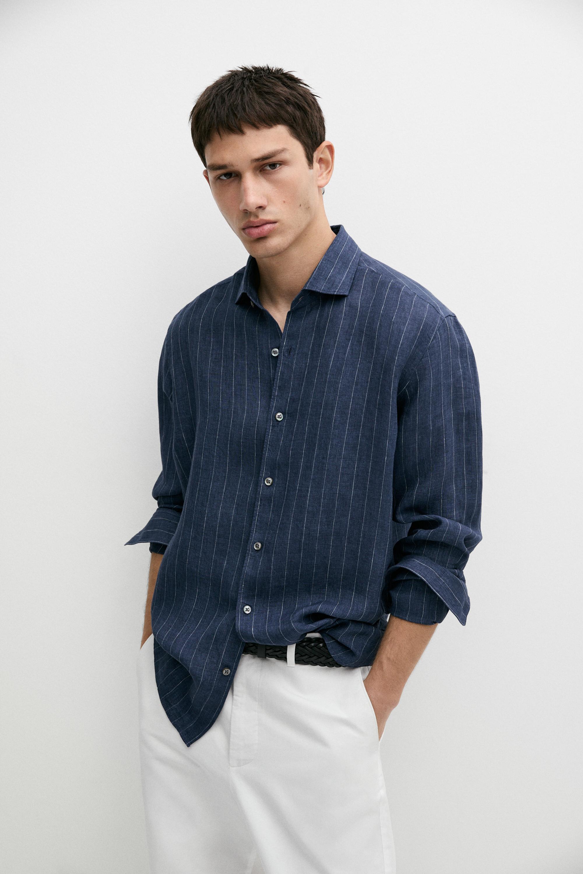 Regular fit striped delave 100% linen shirt — Navy blue