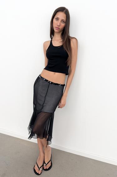 Zara SEQUIN ASYMMETRIC TULLE SKIRT - Black