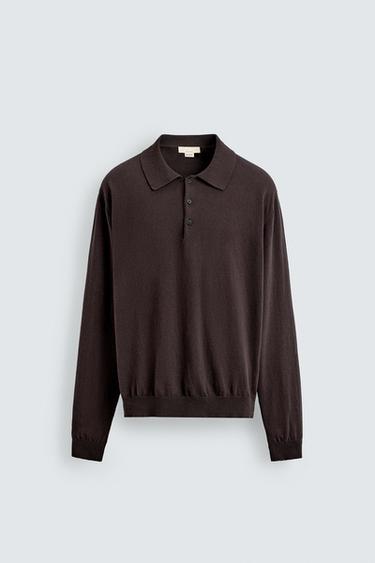 COTTON/LINEN KNIT POLO SHIRT - Chocolate by Zara