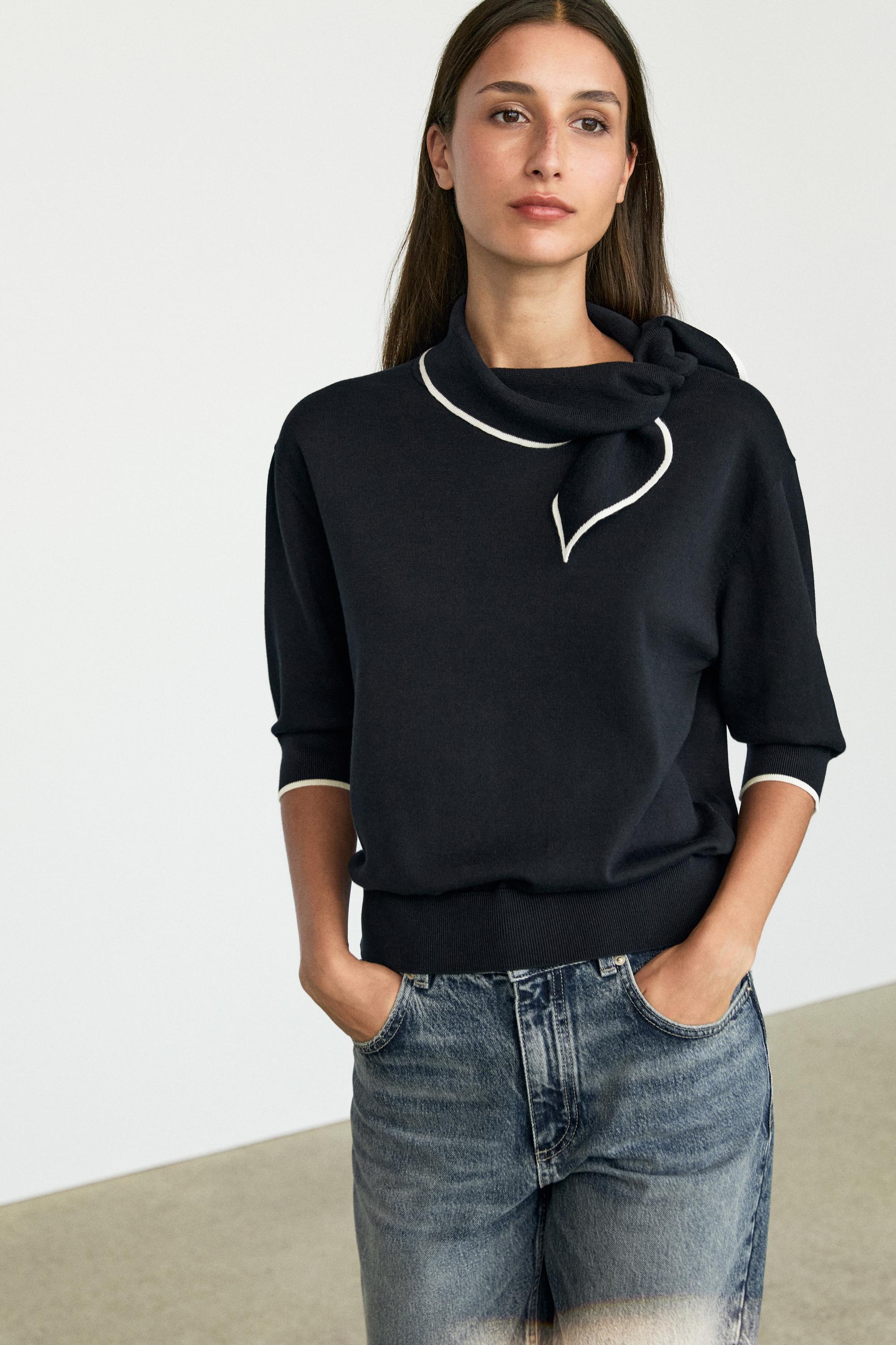 100% cotton knit sweater with scarf detail — Navy blue