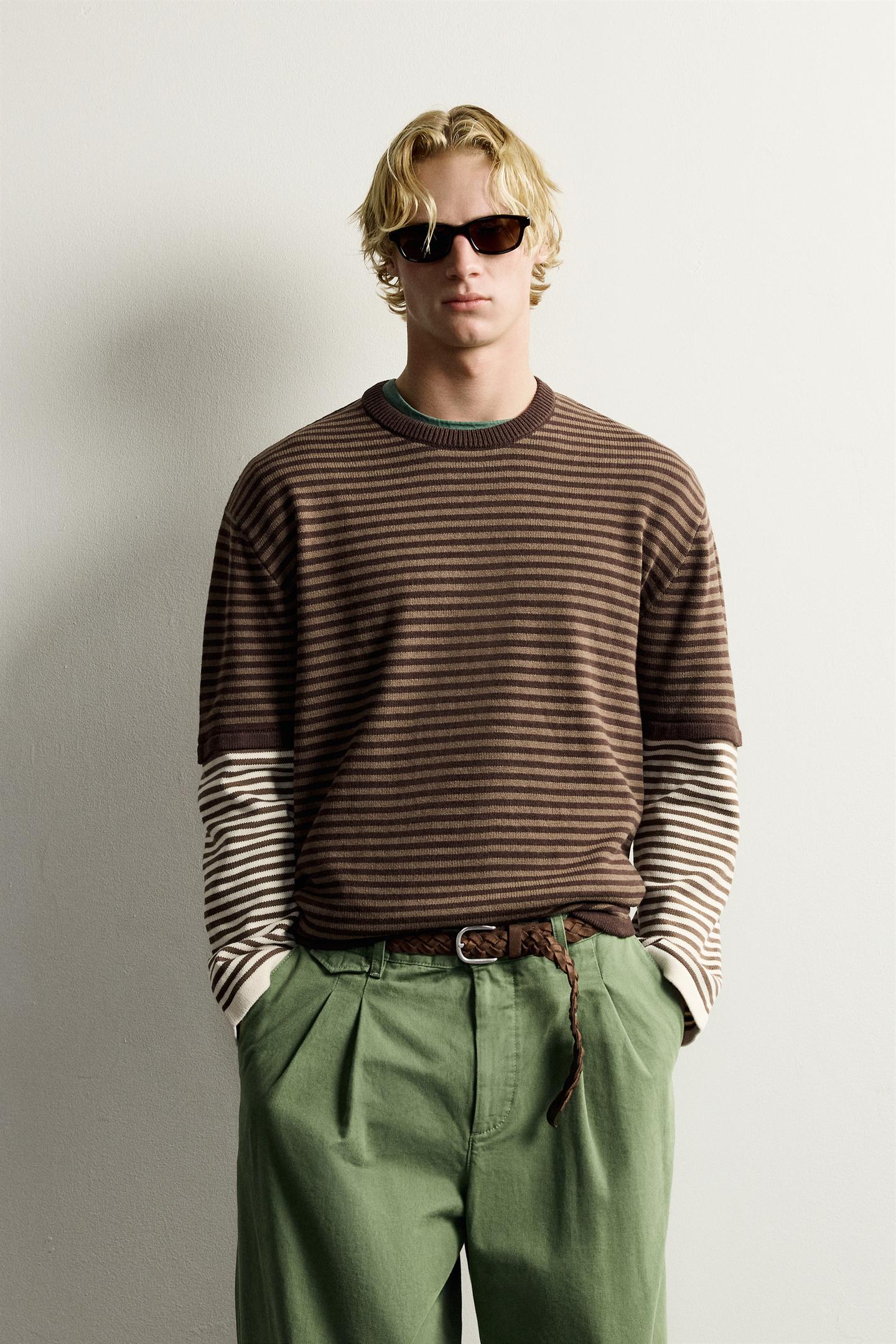 Мужской свитер Zara Contrast Striped Jacquard, цвет: Коричневый — фото 2