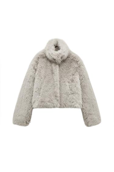 Front view of a grey faux fur jacket with a high neck and long sleeves.