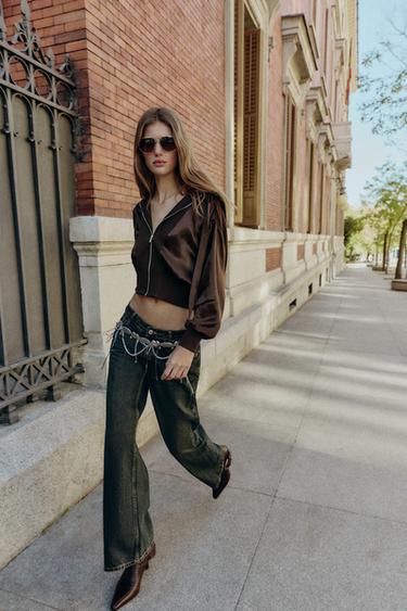 قميص ممزوج بمظهر ساتاني بغطاء رأس - بني الخاص بـ Zara - صورة 0