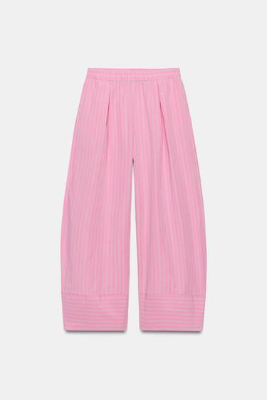 PANTALÓN ANCHO POPELÍN RAYAS - Rosa / Blanco de Zara