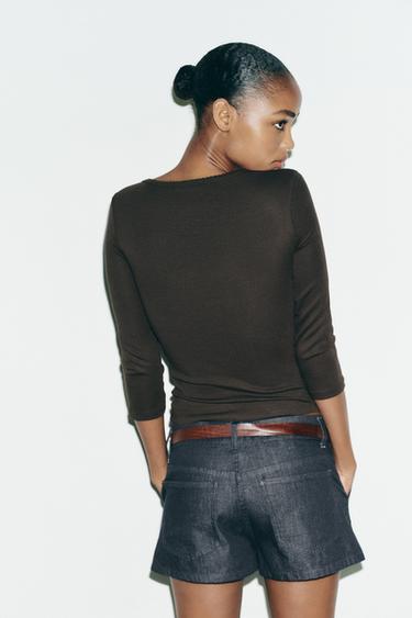 Zara COTTON MODAL T-SHIRT - Brown