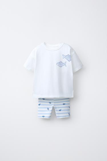 フィッシュプリントＴシャツ＆バイカーレギンスセット青色/白色0ZaraのフィッシュプリントＴシャツ＆バイカーレギンスセット - 青色/白色 - 画像 0