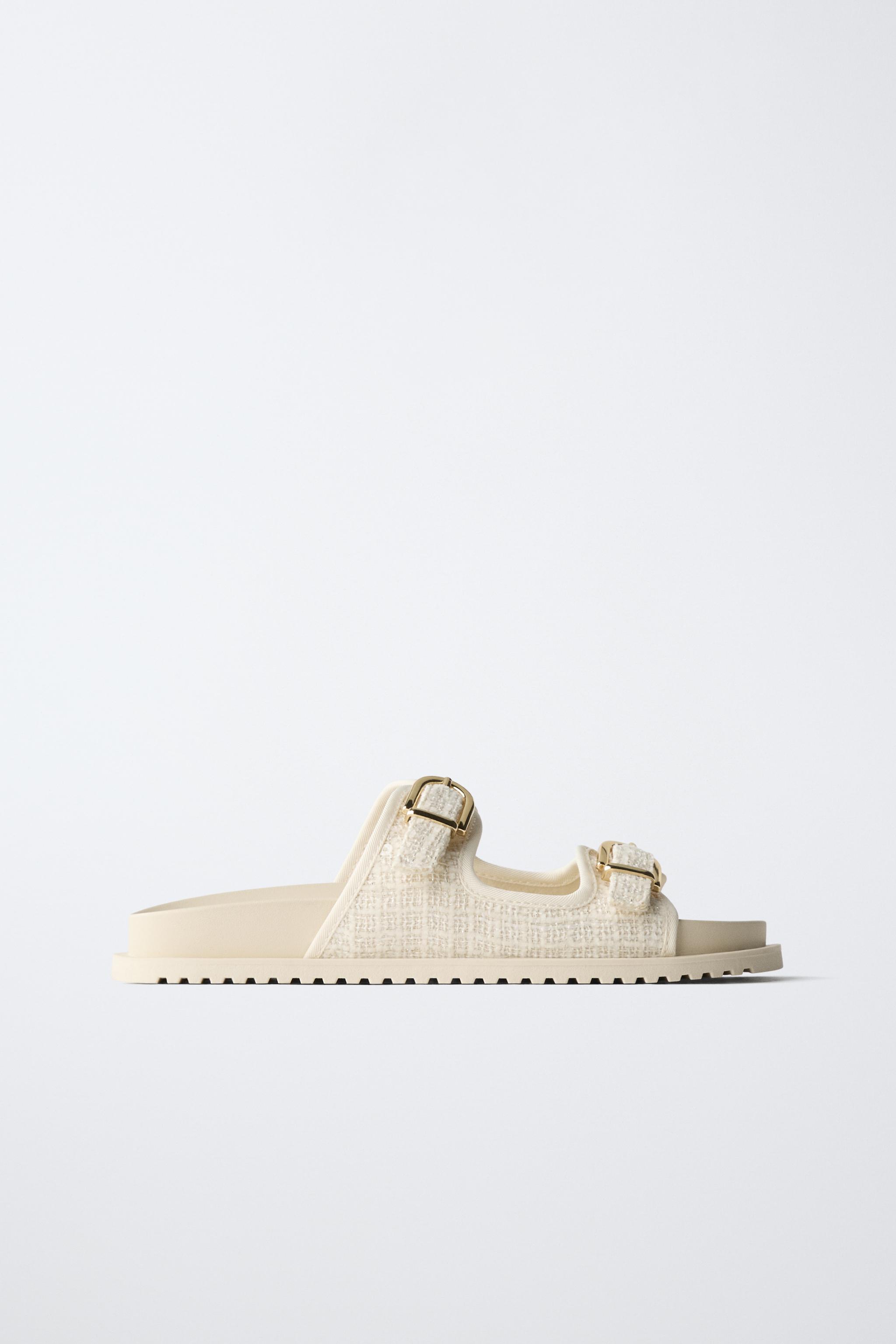 RAFFIA EFFECT BUCKLE SANDALS — Off White