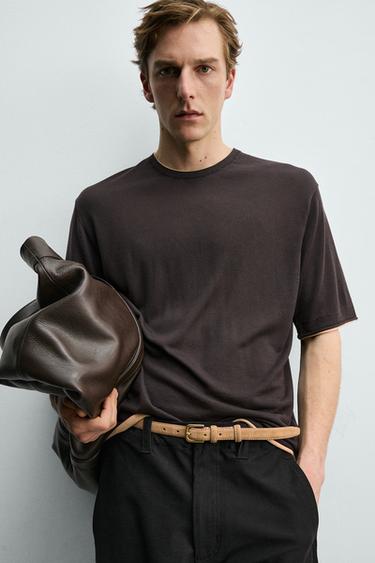 T-SHIRT EN MAILLE FINITIONS CONTRASTÉES - Marron de Zara - Image 4