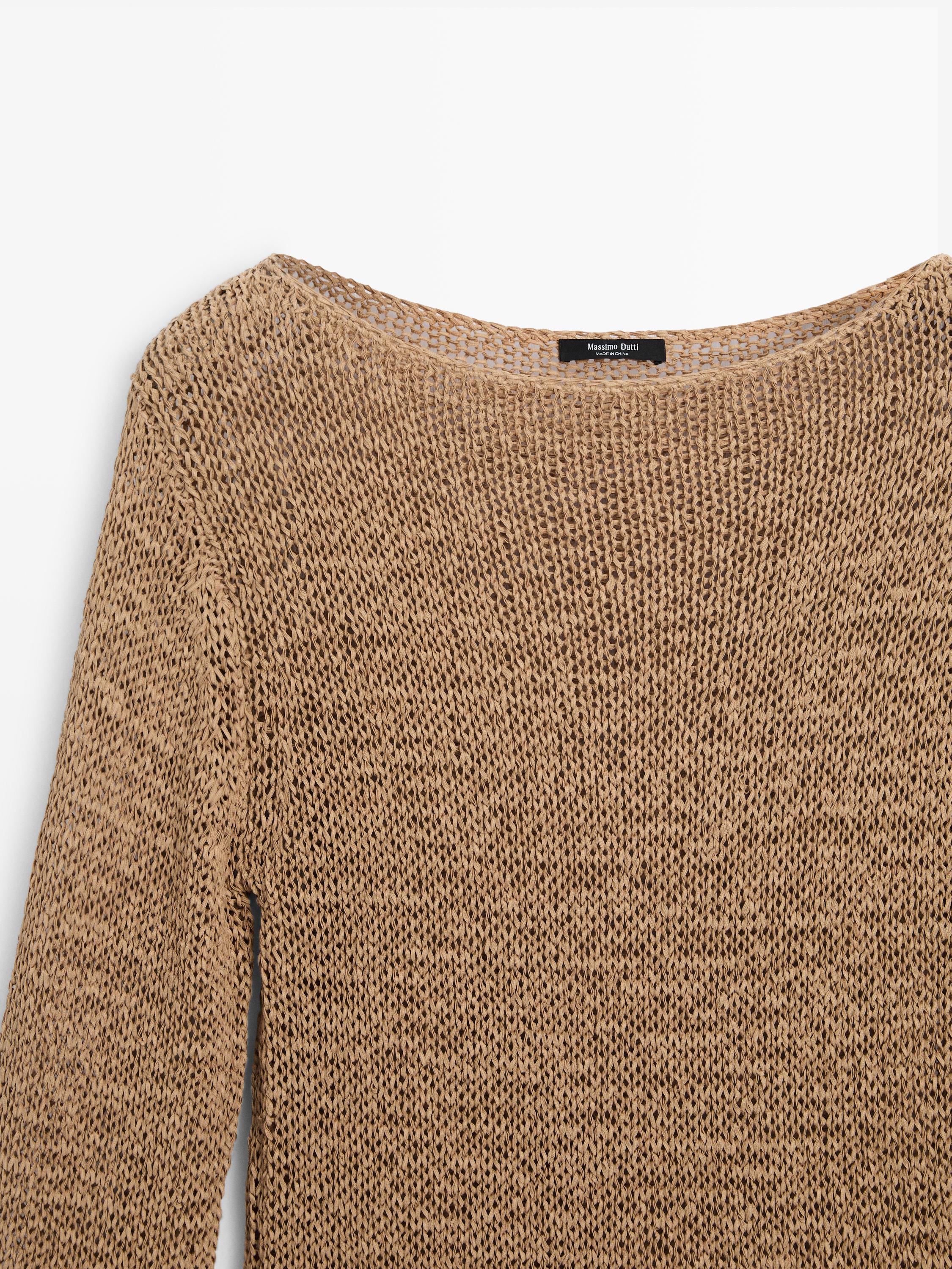 Cotton blend knit boat neck sweater