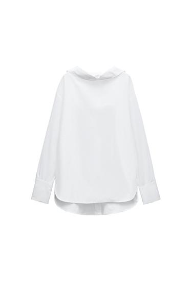 Front view of a white, crew neck, long-sleeved shirt.