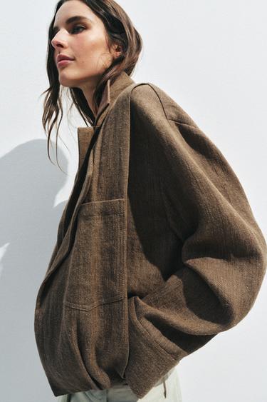 BLOUSON BOMBER LIN POCHE ZW COLLECTION - Marron clair de Zara - Image 4