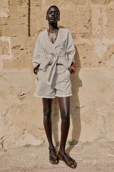 Zara DISTRESSED PLAID SHORTS - Ecru - Image 0