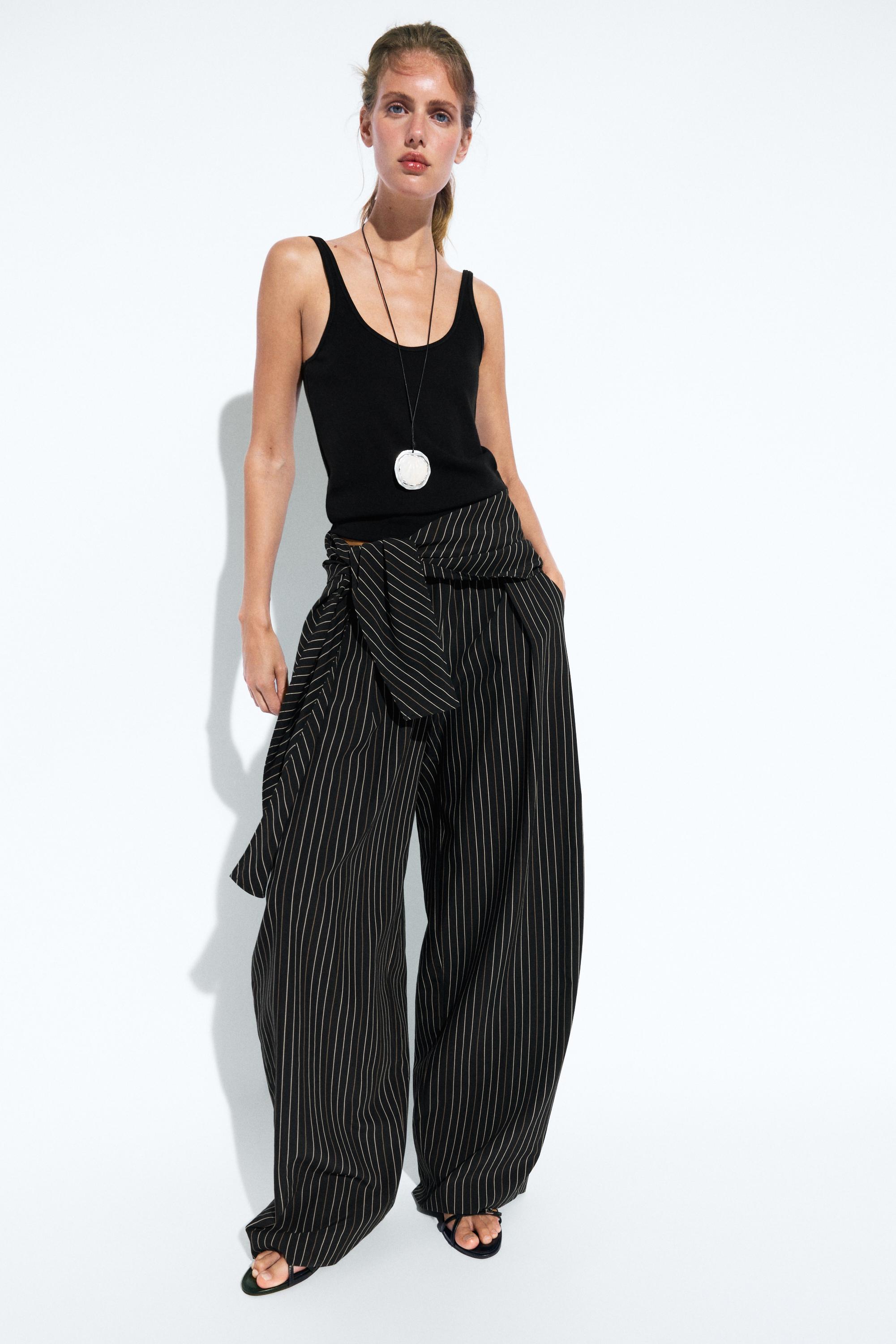 Striped barrel fit pants with scarf detail — Black