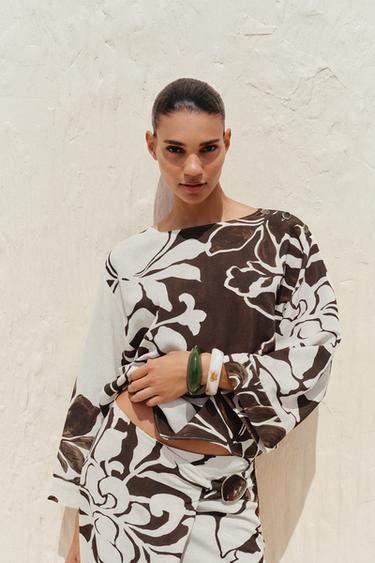 Zara FLORAL PRINT TOP - Ecru / Brown