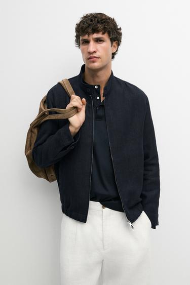 Cazadora cuello tira 100% lino - Marino de Zara