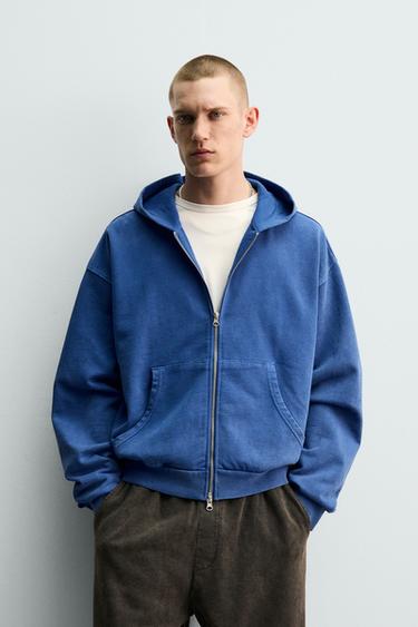 WASHED ZIP-UP HOODIE - Blue / Steel by Zara