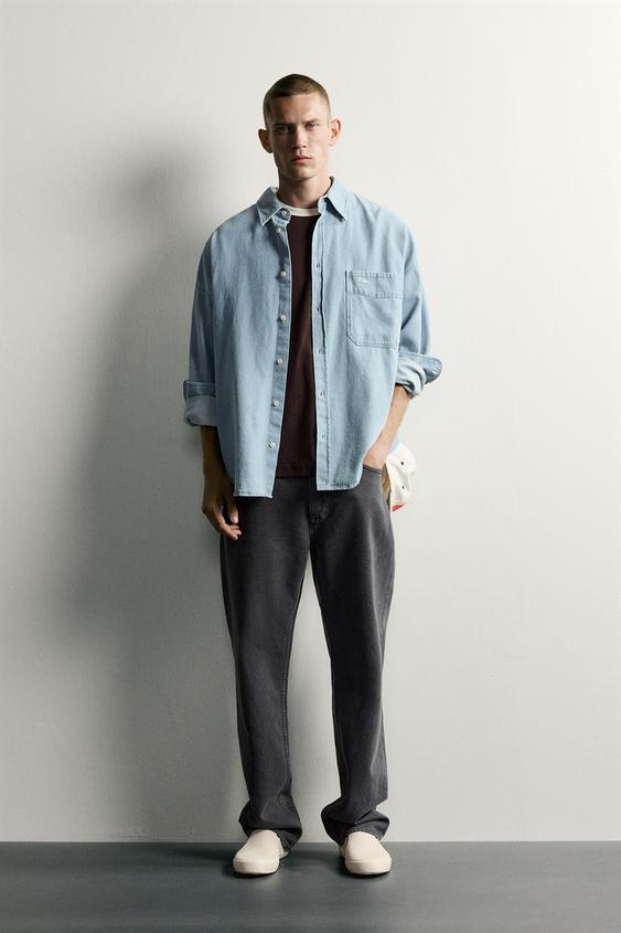 CAMISA DENIM REGULAR FIT BORDADO - Azul cielo de Zara - Imagen 0