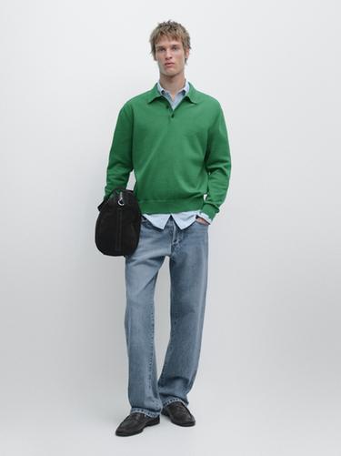 Zara Cotton knit polo collar sweater - Billiard green - Image 0