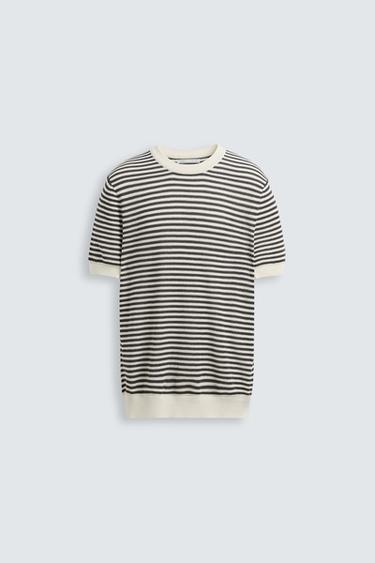 Zara STRIPED OPEN KNIT T-SHIRT - White / Gray