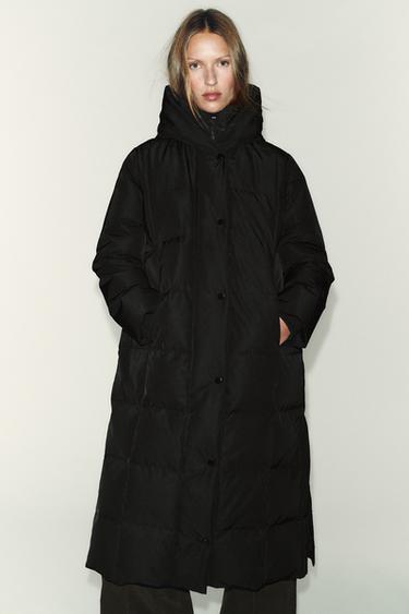 Zara LONG WATER REPELLENT WINDPROOF HOODED DOWN JACKET - Black