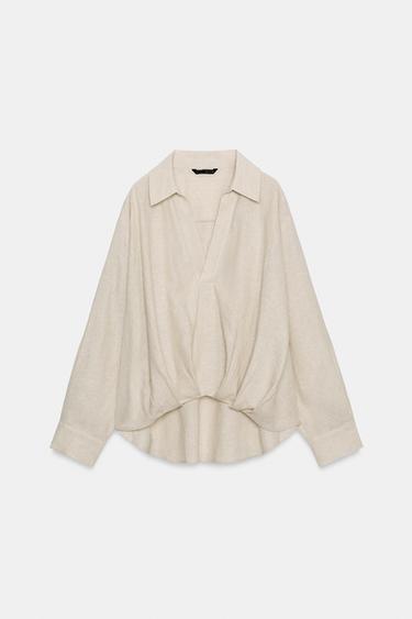 CAMISA CON LINO BAJO ABULLONADO - Beige claro de Zara - Imagen 0