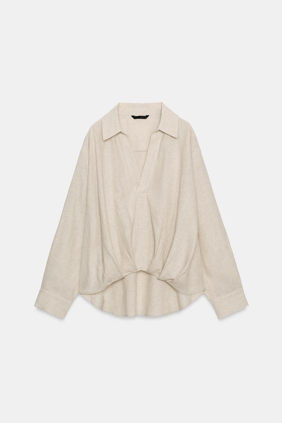 CAMISA CON LINO BAJO ABULLONADO - Beige claro de Zara - Imagen 0
