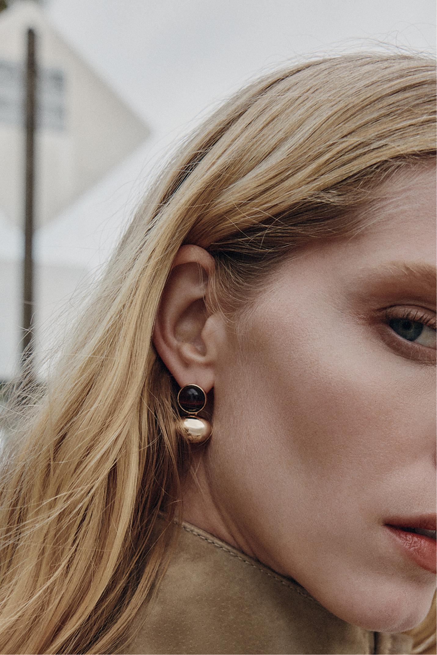 BOUCLES D'OREILLES DOUBLE BOULE AVEC PIERRE