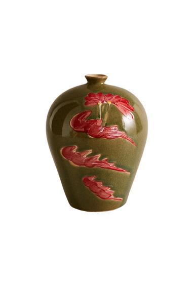 Zara FLORAL STONEWARE VASE - 深綠色