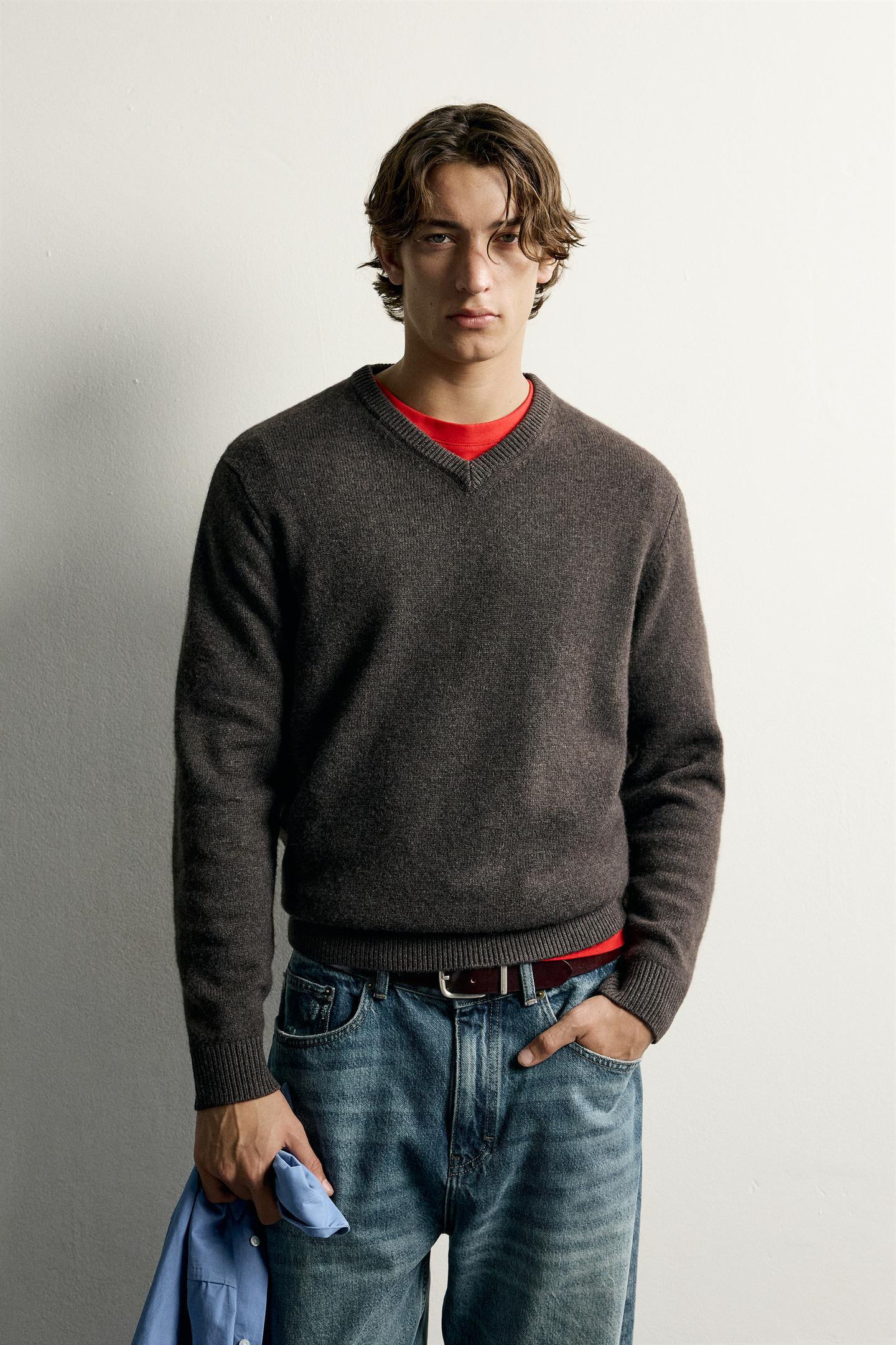 Мужской свитер Zara Wool Blend V-NECK, цвет: Коричневый — фото 2